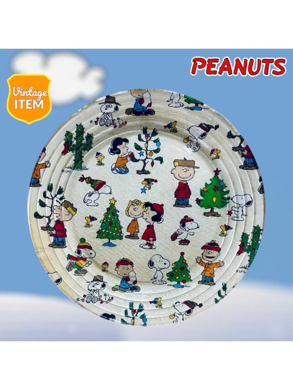 Vintage Peanuts Charlie Brown Christmas Holiday Scene Glass Decoupage 10" Plate.